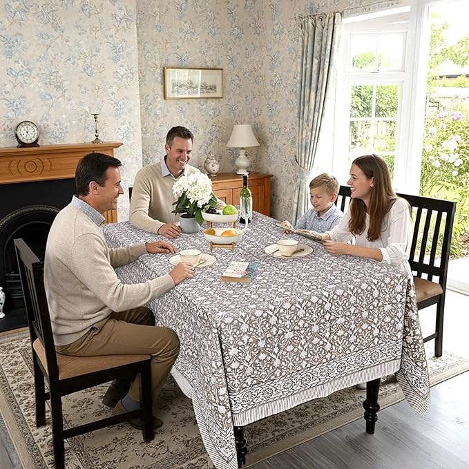 Ridhi Hand Block Print Taupe Rectangle Cotton Tablecloth 140" x 72" Reusable Table Cover Decorative Everyday Use for Dining, Farmhouse, Home Gift for Spring, Easter, Valentine
