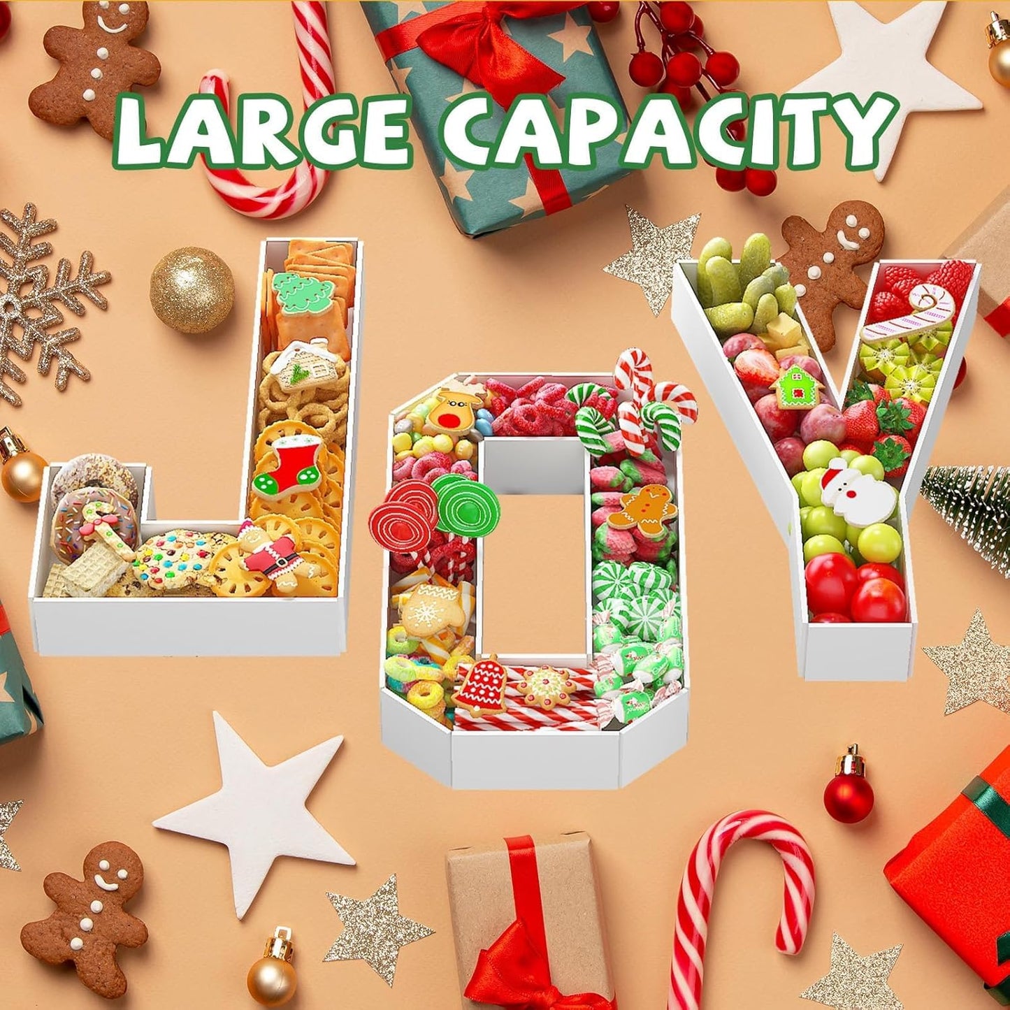 JOY Letters for Christmas Party Decorations, 13.7 Inch Charcuterie Cardboard Letters Fillable Paper Mache Letter Trays for Cookies Candy Cake Food Display Letter Box for Xmas New Year Holiday Party