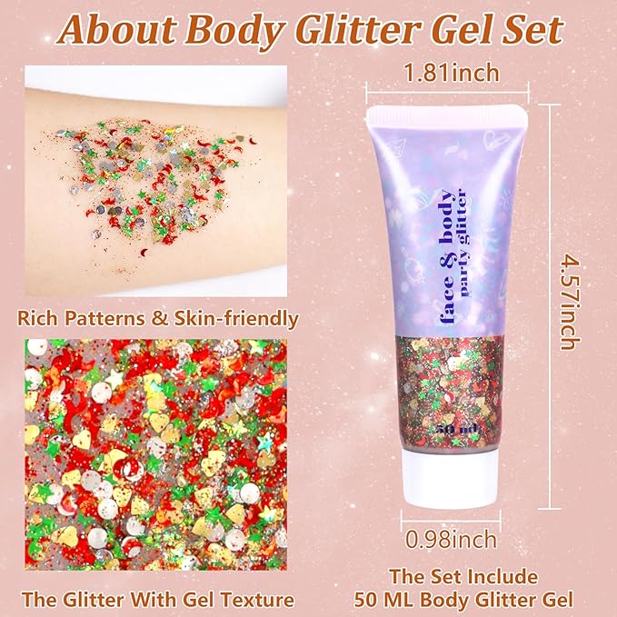 Boko 50ML Body Glitter Gel, Red Chunky Glitter Gel for Face Hair Body Love Heart Makeup, Mermaid Face Glitter Sequins for Festival Music Concert Party Event Rave Accessories
