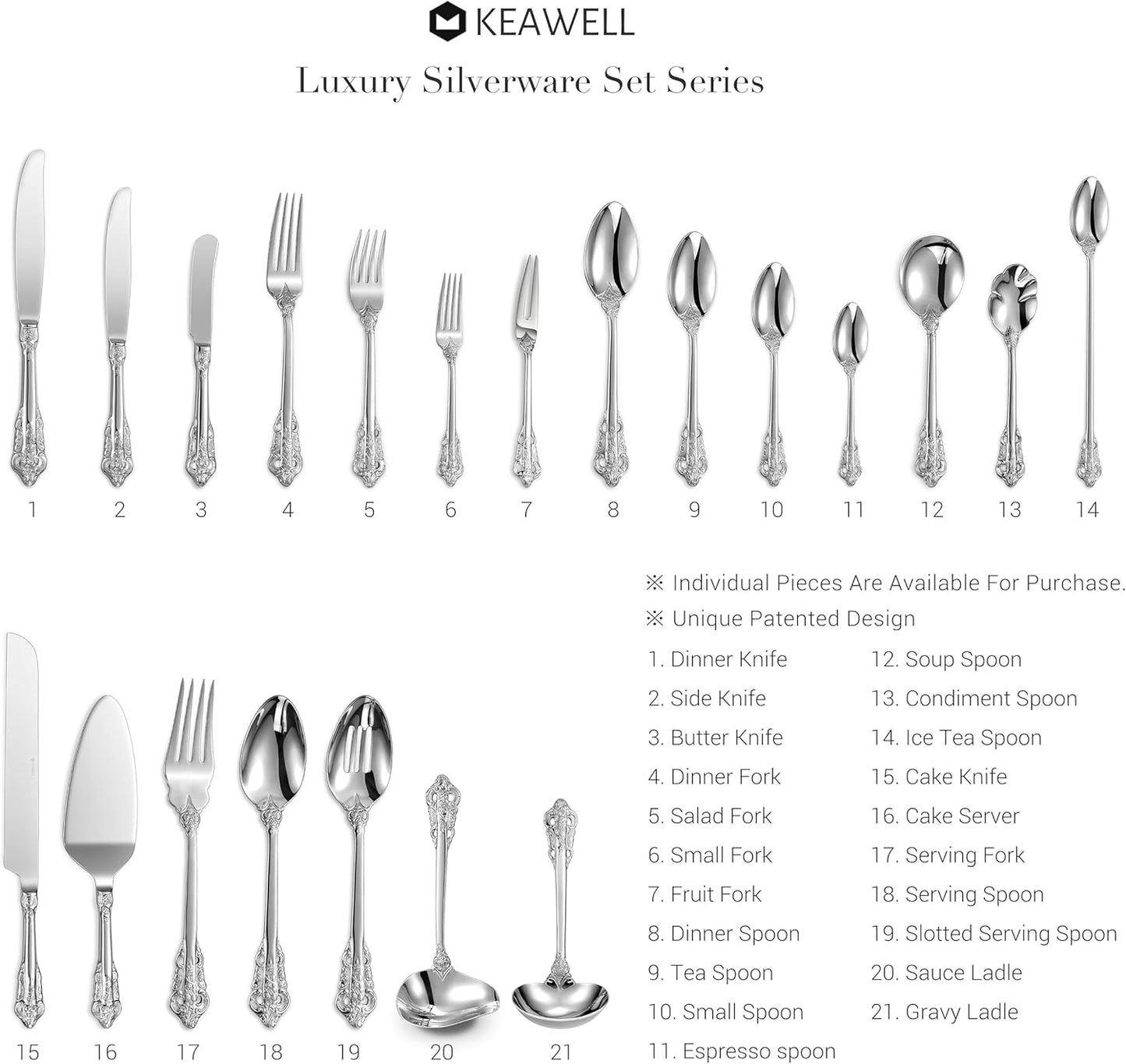 KEAWELL Gorgeous Wedding Cake Knife and Server Set, 18/10 Stainless Steel, Fine Luxury Cake Cutting Set (Silver)