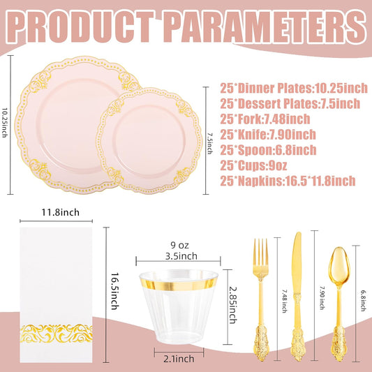 Ciaell 175 PCS Pink and Gold Plastic Plates - Fancy Gold Disposable Dinnerware Set with of 50 Plates, 25 Knives, 25 Forks, 25 Spoons, 25 Cups, 25 Napkins for Party & Weddings