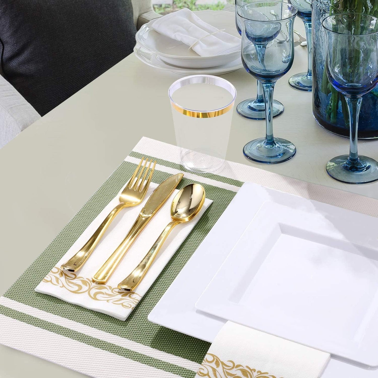 Disposable Square Plastic Plates - 100 Pack - 50 x 9.5 Dinner and 50 x 6.5 Salad Combo Plate - Premium Heavy Duty - Fancy and perfect for a Party, Wedding, or Birthday