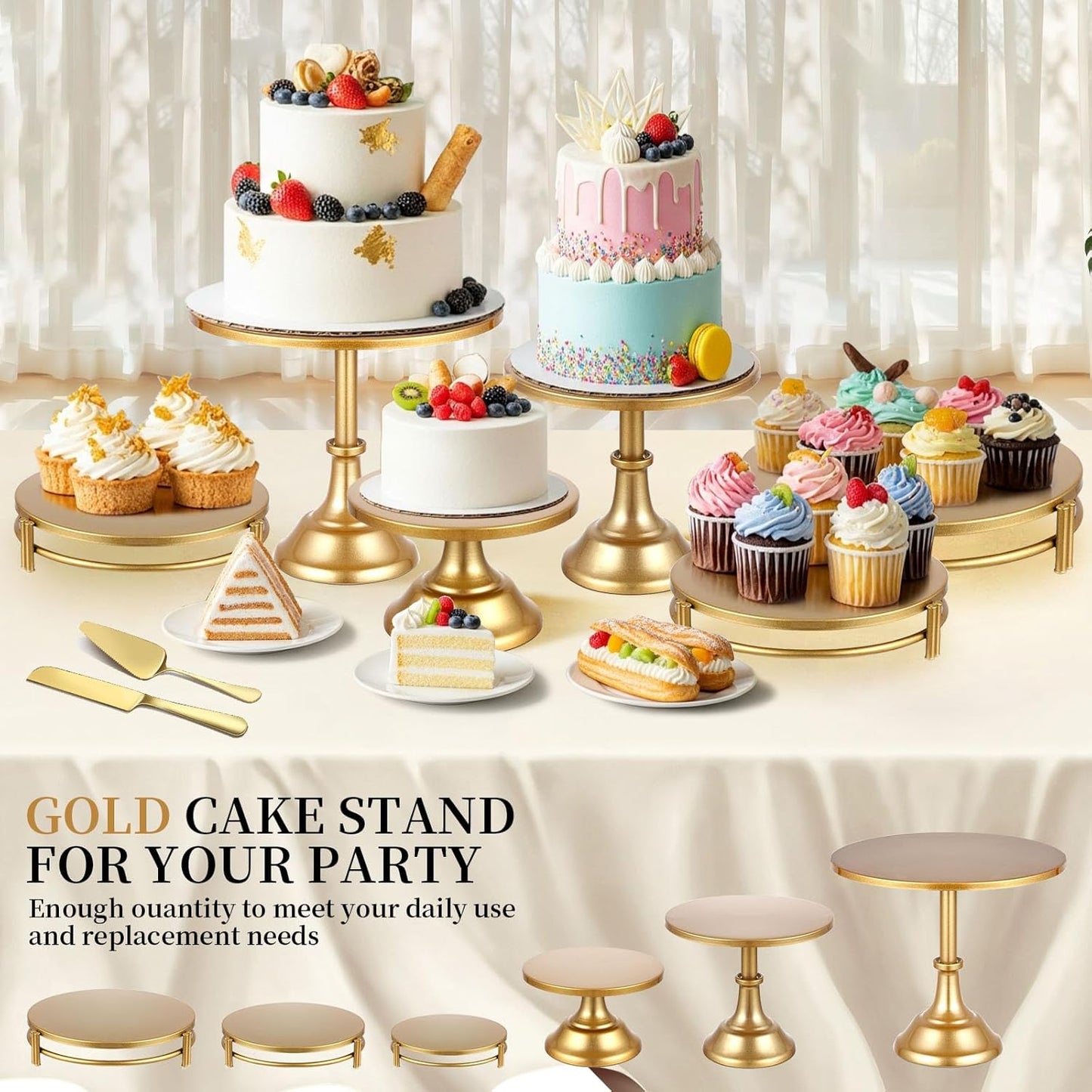 8 PCS Gold Cake Stand Set with Gold Pedestal Cake Stand and Cake Cutter Pie Spatula, Dessert Table Display Set for Wedding, Party, Birthday, Baby Shower, Event Bridal Celebration