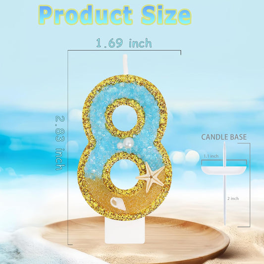 Ocean Number 8 Candle, Glitter Gold Beach Starfish Cake Topper, Tropical Ocean Princess Birthday Decorations for Party Supplies Wedding Anniversaries