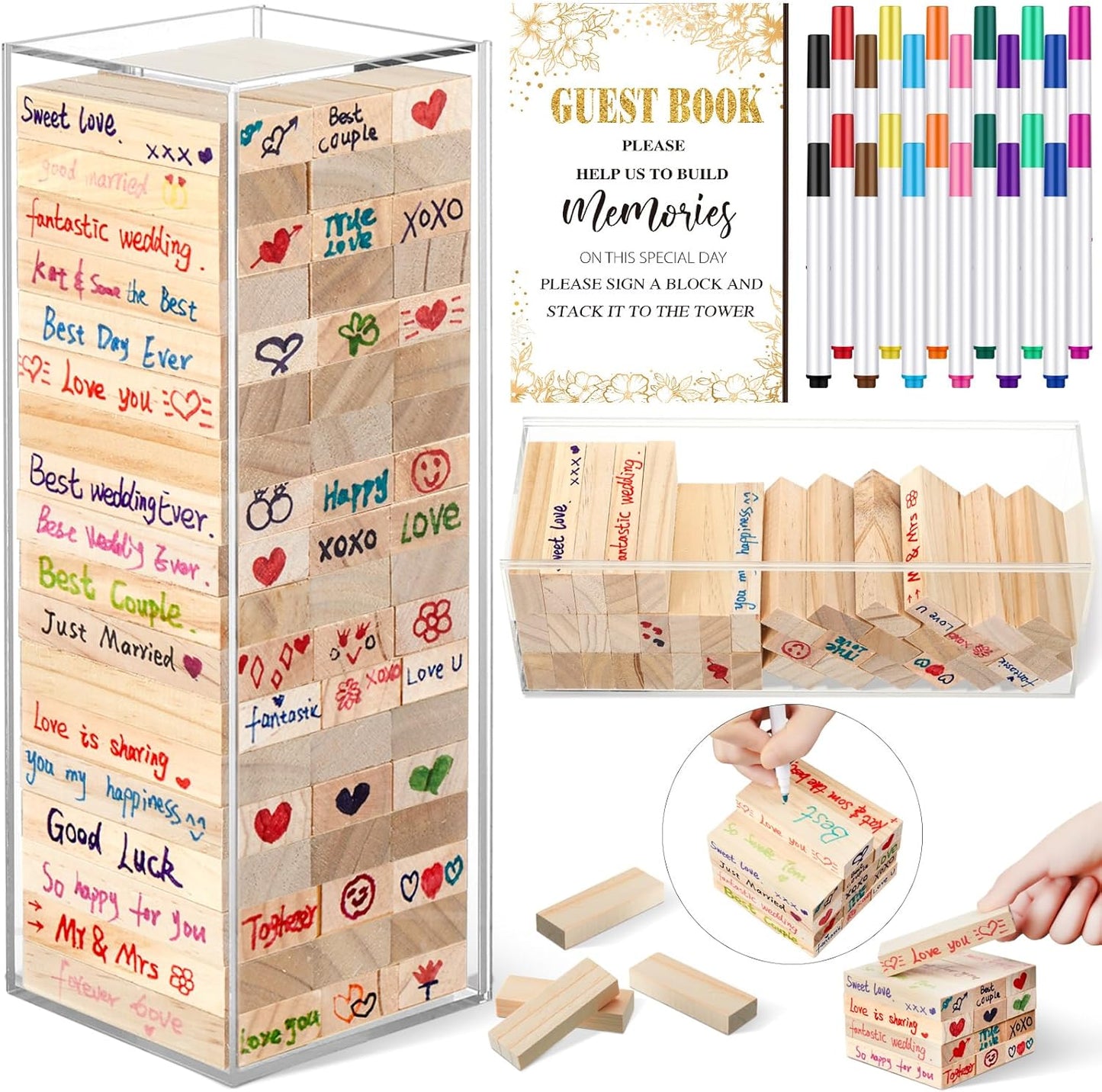 80 Pcs Wedding Guest Book Alternative Wooden Block Guest Book for Wedding Sign in Bridal Shower Decoration Wooden Block Bridal Shower Game for Sign in, Reception(Leaves)