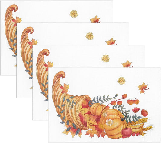 Thanksgiving Placemats Set of 4 Fall Place Mats Pumpkin Maple Leaves Table Mats Washable Non-Slip Heatproof Woven Placemats for Dining Table (17.7" X 11.8")