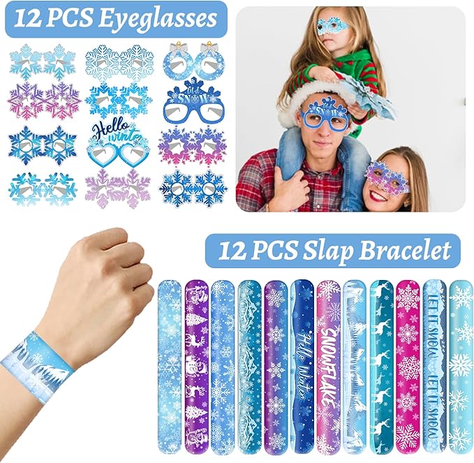 110 PCS Snowflake Party Favors, Snowflake Temporary Tattoos Slap Bracelets Paper Eyeglasses Stickers Keychains Gift Bags Winter Snowflake Birthday Party Decorations Supplies