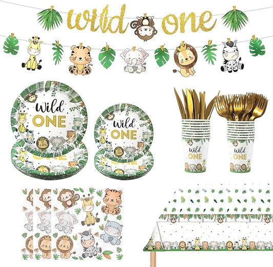Wild One Birthday Decorations,182pcs Jungle Safari Theme Party Supplies,Includes Plates Napkins Cutlery Tablecloth and Banner,for Baby Shower or Boys 1st Birthday Party,Serve 30 Guests