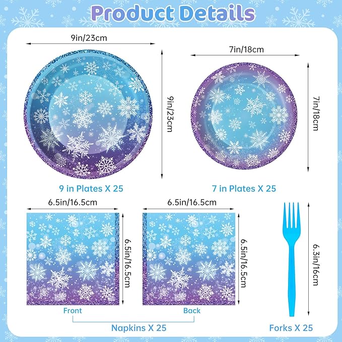 100 Pcs Frozen Plates and Napkins Sets - Snowflake Round Tableware, Disposable Winter Paper Dessert Plates and Napkins Forks for Christmas Winter Wonderland Party Supplies Table Decor, Serves 25