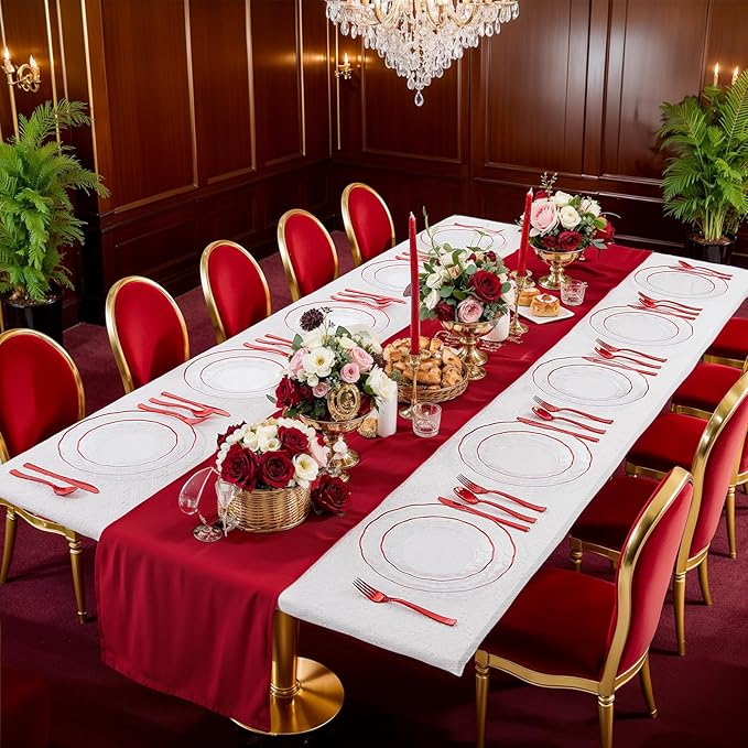supernal 60pcs Clear and Red Plastic Plates,Fancy Scalloped Plates Disposable Heavy Duty, Wedding Disposable Dinnerware Include 30 Dessert Plate and 30 Dinner Plastic Plate for Party and Birthday