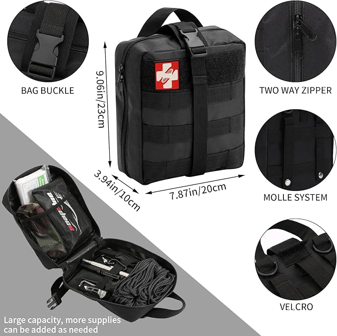 145 Pieces Emergency Survival First Aid Kit with Splint for Trauma Wound Care Blow Out for Camping Outdoor Earthquake and Adventures, Black