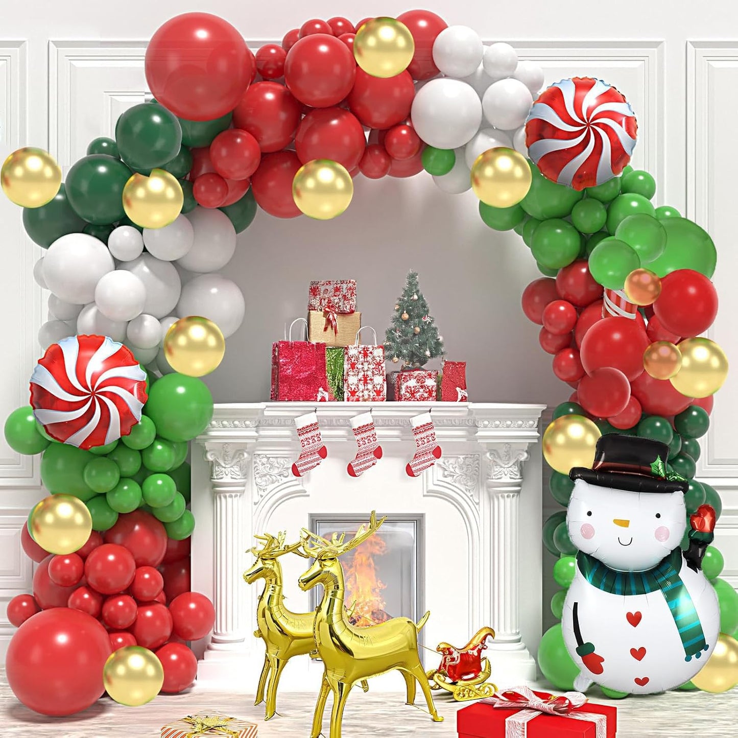 183Pcs Christmas Balloon Garland Arch Kit with Red Gold Green White and Xmas Gingerbread Candy Cane Lollipop Sled Reindeer Foil Balloons for Christmas Party New Year Decorations Supply