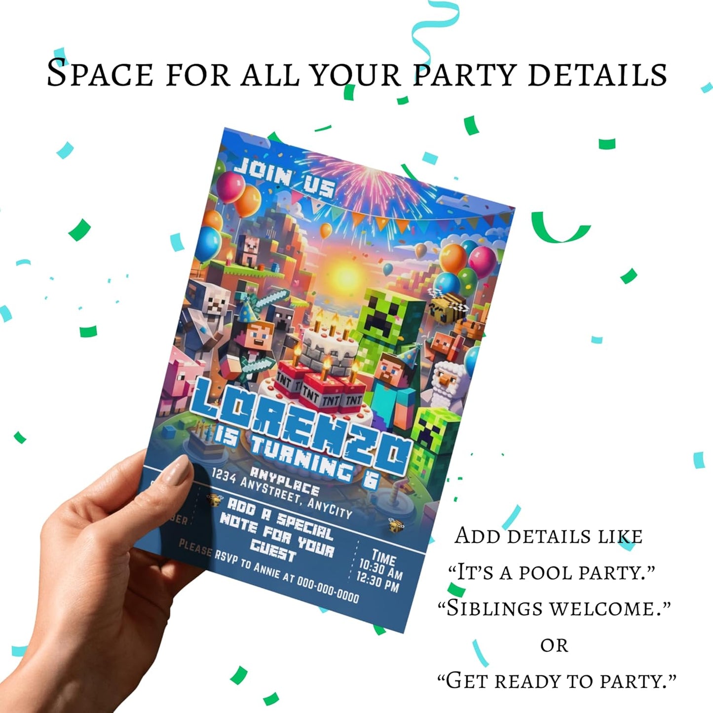 Fully Customizable minecraft Birthday Party Invitations, 4 x 6 inches, with Self-Sealing Envelopes, Gaming Theme Design, minecraft Birthday Invitations for Boys and Girls (Minecraft/Cake)