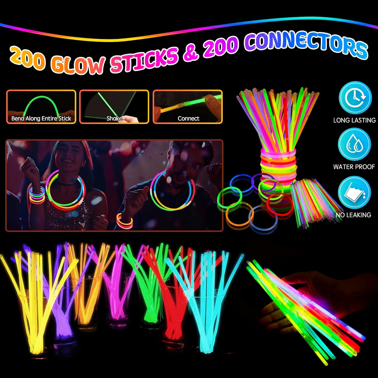 272PCS Glow in the Dark Party Supplies, Party Pack Bulk , 24PCS Foam Glow Sticks & LED Glasses, 24PCS LED Light Up Rings and 200PCS Glow Sticks for Neon Party Decorations, halloween party favors