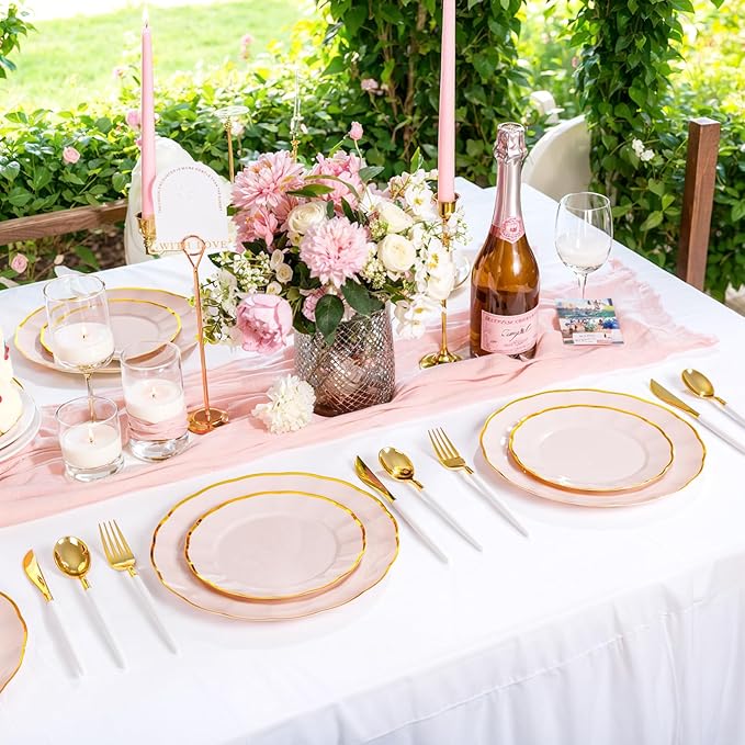 supernal 60pcs Pink and Gold Plastic Plates Fancy Elegant Disposable Scalloped Plastic Plates Heavy Duty Disposable Dinnerware Set for Parties, Bridal Shower,Weddings & Birthdays