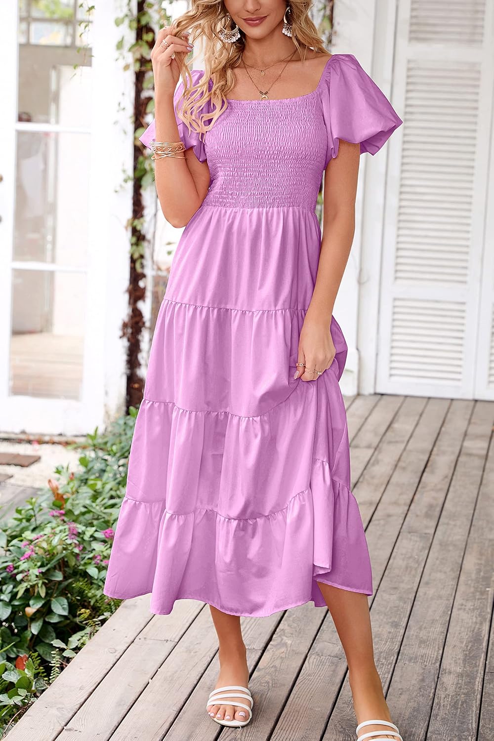 PRETTYGARDEN Women's Casual Summer Midi Dress Puffy Short Sleeve Square Neck Smocked Tiered Ruffle Dresses