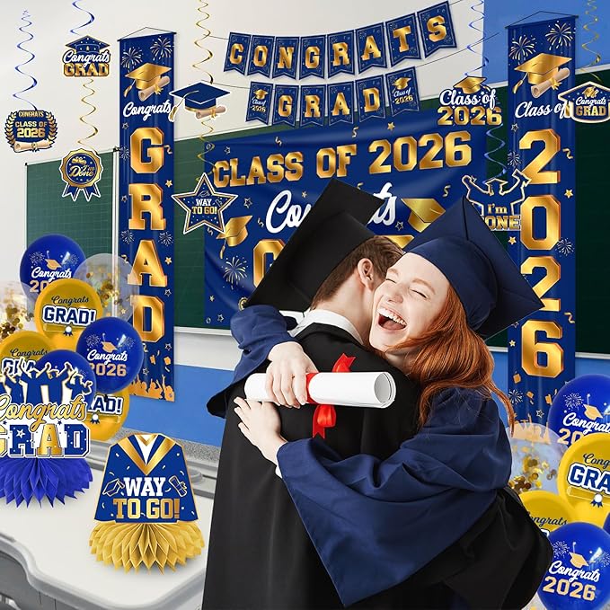 Graduation Decorations Class of 2026 Blue and Gold Graduation Party Decor Set include Congrats Grad Banner Backdrop Class of 2026 Balloons Party Supplies