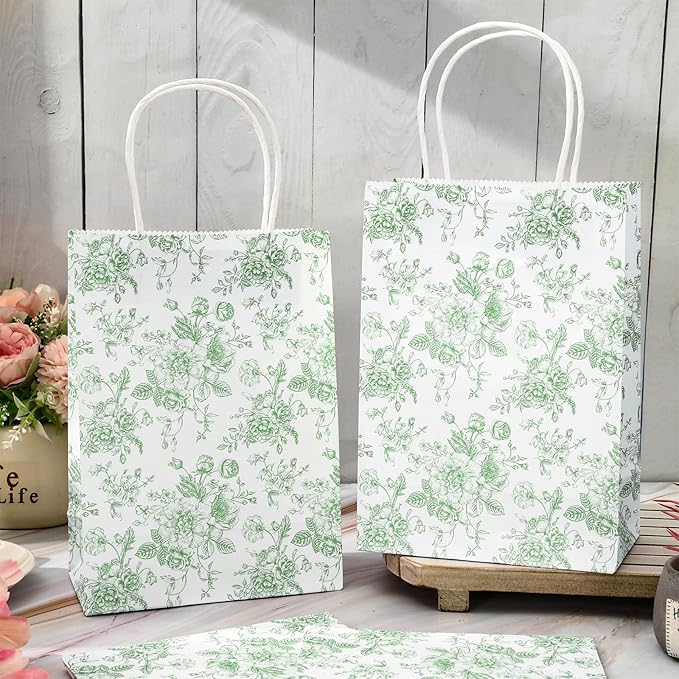 JarThenaAMCS 24Pcs Sage Green Floral Paper Gift Bag Vintage Flower Treat Bags with Handles Chinoiserie Candy Goodie Packaging Bags for Birthday Wedding Party Favors Supplies
