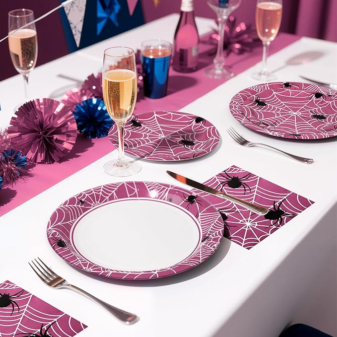 75pcs Spider Party Supplies, 25 Guest Disposable Pink Paper Plates & Napkins, Tableware Decorations Favors, Including 9" & 7" Plates & Napkins for Halloween, Birthday, Parties, and Everyday Use