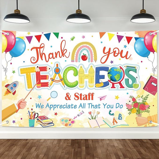 Happy Teacher Day Banner Teacher Appreciation Week Decorations Flag Outdoor 71x44 Inch School Classroom Backdrop,Thank You Teacher Gifts for Indoor Home Party Supplies,Yard Sign Photography Background