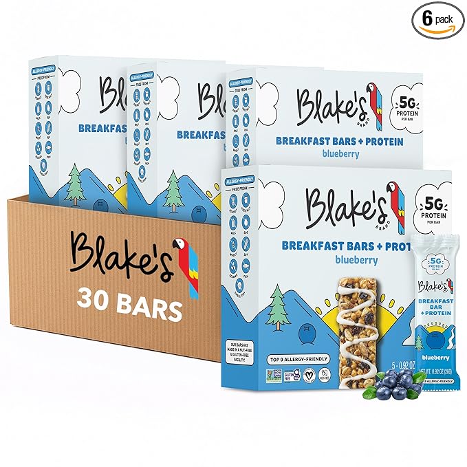 Blake's Breakfast Bars with Protein — Blueberry (30 Count), 5g Clean Plant-Based Protein, Gluten Free, Nut Free, Dairy Free & Vegan, Healthy Snacks for Kids or Adults, School Safe
