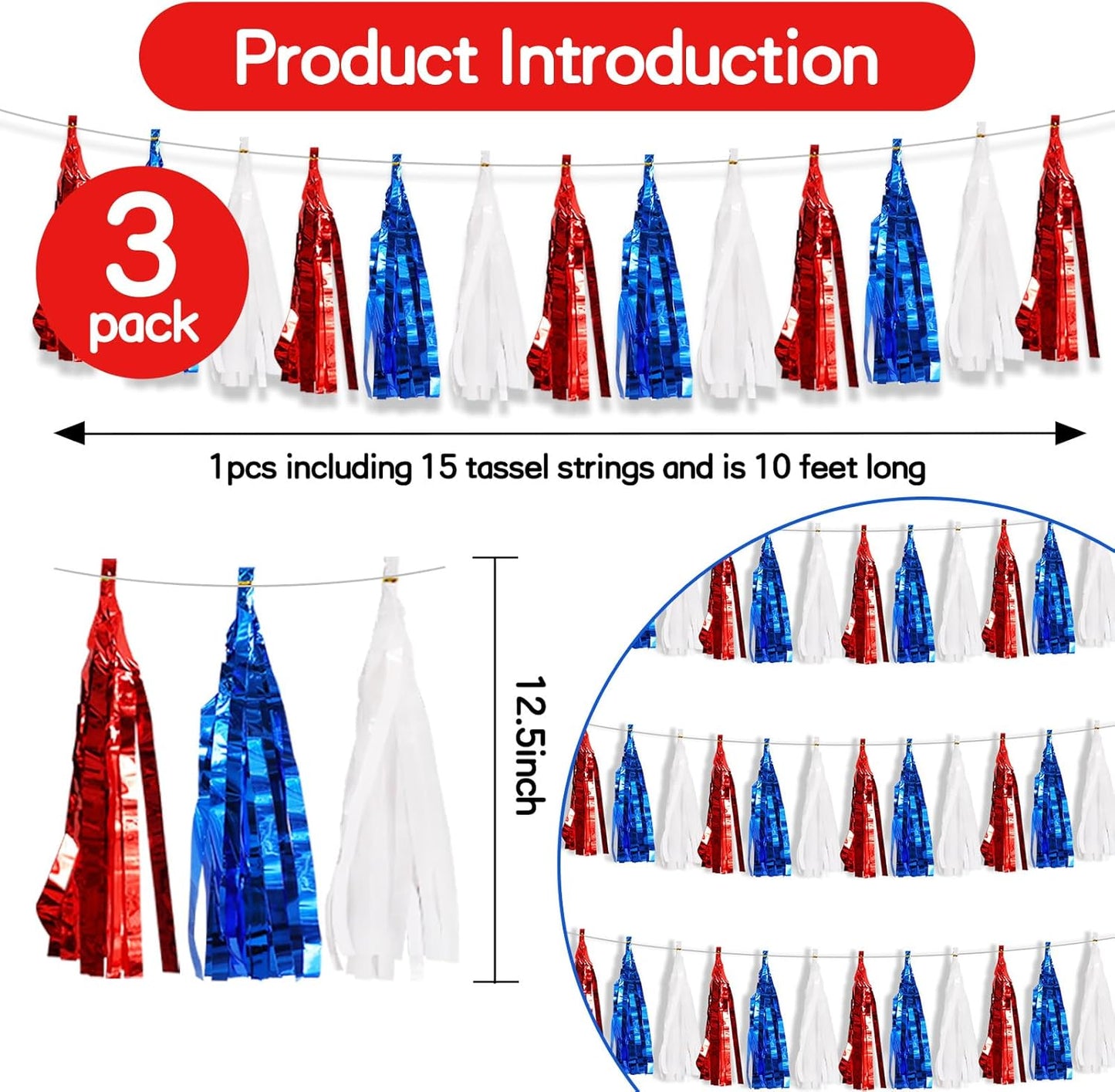 BEISHIDA 3 Packs Red Blue White Metallic Foil Fringe Tassel Garland, Tassels Banner Streamers for Car Floats Bridal/Baby Shower Birthday Wedding Halloween Christmas Holiday Party Decoration