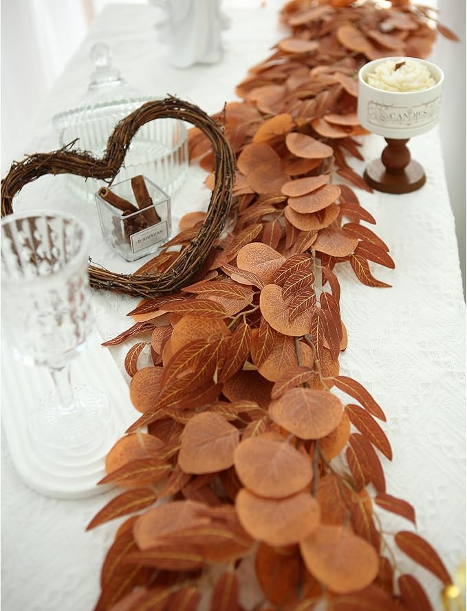 Greentime 2 Pack Artificial Autumn Eucalyptus Garland 6.5 Feet Fake Fall Leaf Garland for Thanksgiving Wedding Table Runner Fireplace Decor
