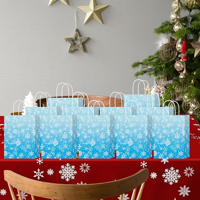 HongXingHai Christmas Gift Bags with Handles, 16 Pack Kraft Paper Bags with Snowflake Design, Reusable Holiday Party Favor Bags for Christmas, Winter Birthday, Wedding, Shopping, Small Gifts