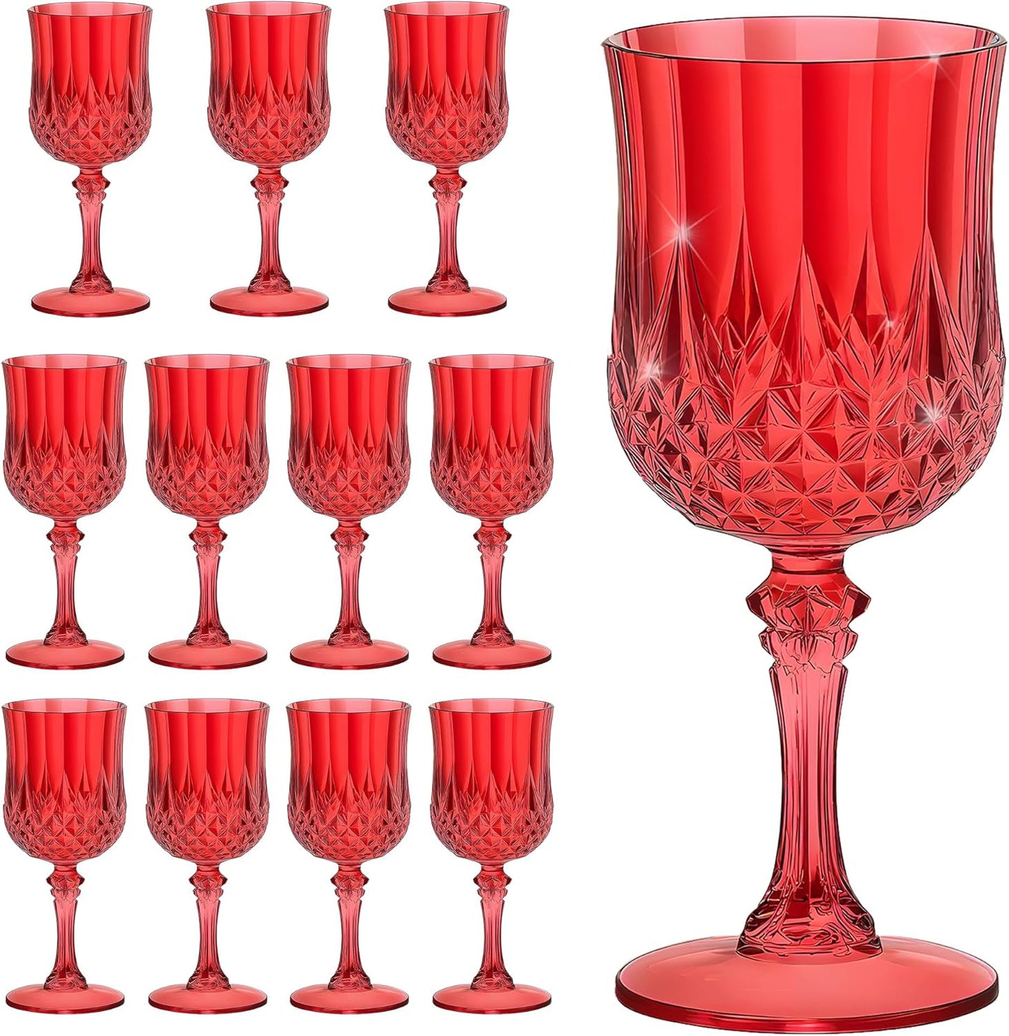 12PCS 7OZ Dark Red Wine Plastic Glasses Drinking Champagne Glasses Flutes Crystal Vintage Water Unbreakable Goblets for Christmas, Wedding, Parties