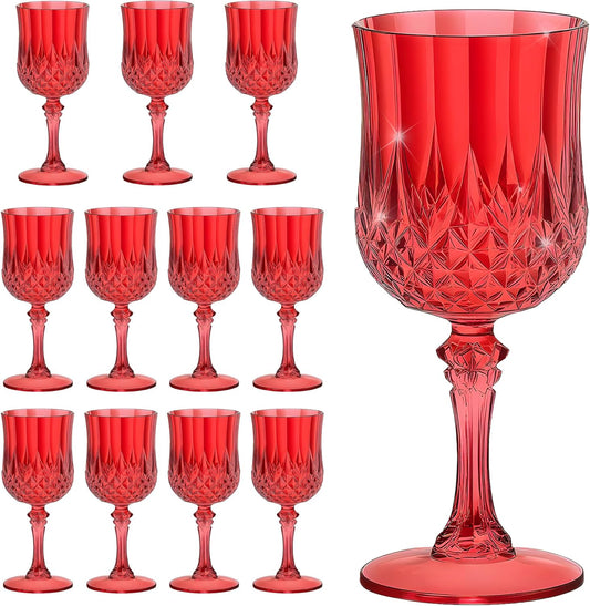 12PCS 7OZ Dark Red Wine Plastic Glasses Drinking Champagne Glasses Flutes Crystal Vintage Water Unbreakable Goblets for Christmas, Wedding, Parties