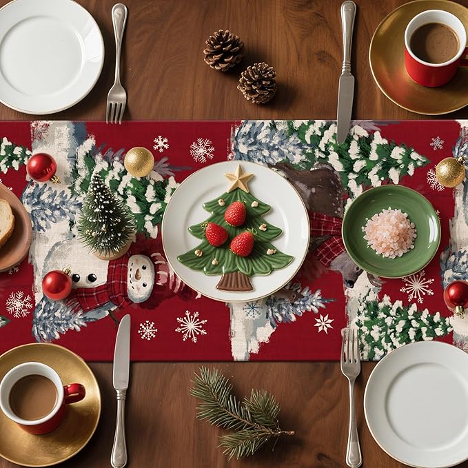 Artscope Reindeer Snowman Christmas Tree Table Runner, Xmas Winter Snowflakes Holiday Kitchen Dining Table Decoration for Christmas Home Party Decor 13x72 Inch-Red