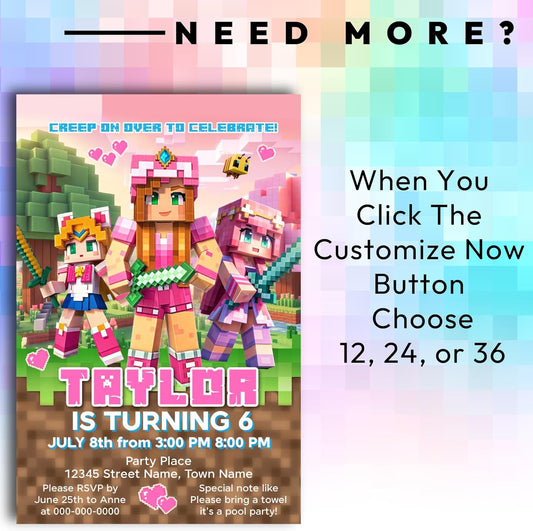 Fully Customizable minecraft Birthday Party Invitations, 4 x 6 inches, with Self-Sealing Envelopes, Gaming Theme Design, minecraft Birthday Invitations for Boys and Girls (Minecraft/Girls)