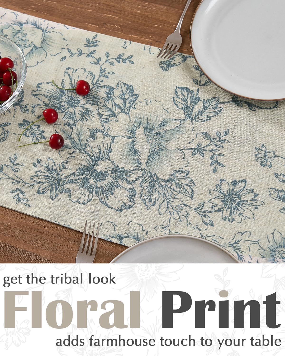 jinchan Floral Linen Table Runner for Kitchen Farmhouse Table Cloth with Blue Flower Print 13 x 72 Inch Beige Linen Blend Cloth for Kitchen Dining Table Indoor Outdoor Decor 1 Panel