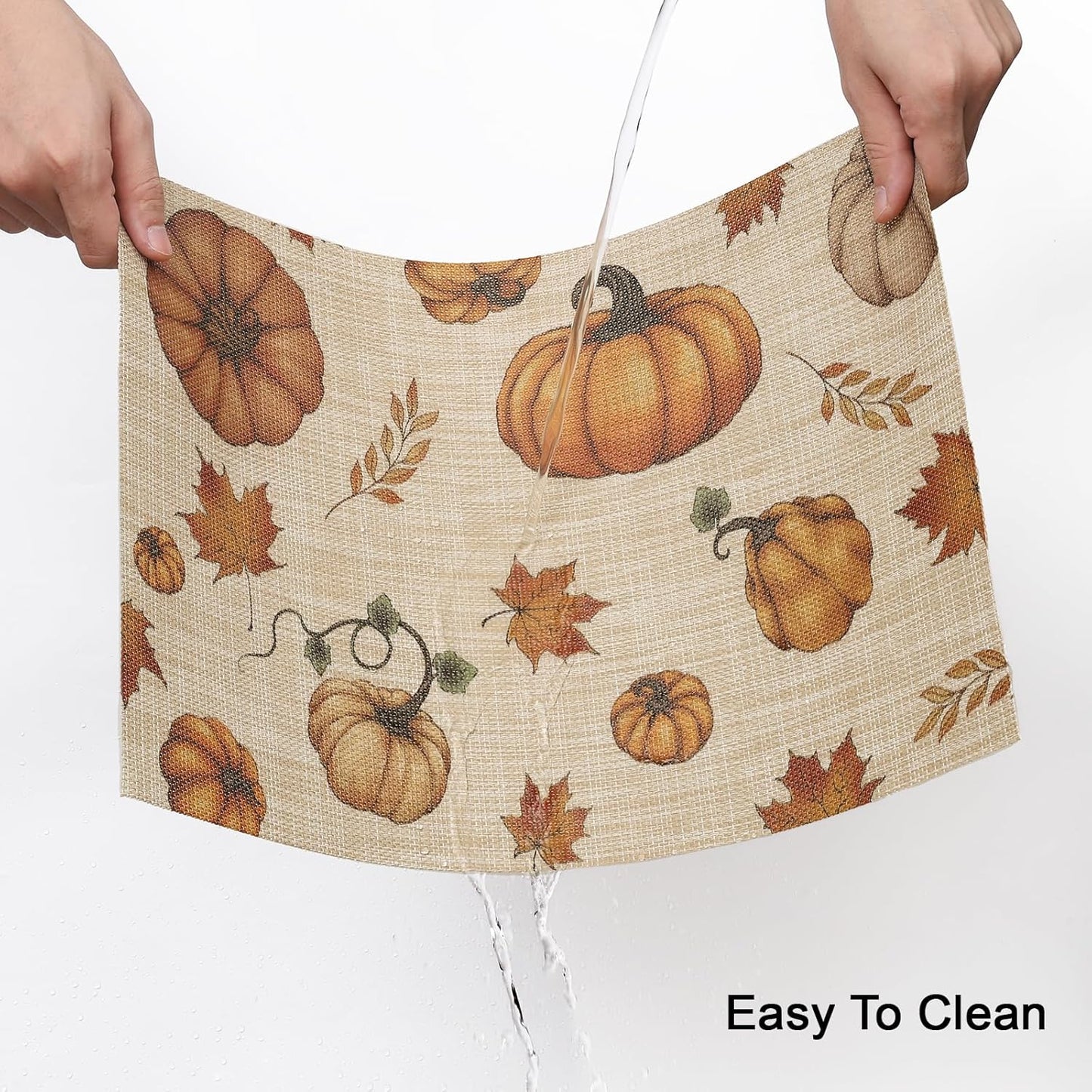 Thanksgiving Placemats Set of 6 Fall Table Mats Pumpkin Maple Leaves Table Mats Washable Non-Slip Heatproof Woven Placemats for Dining Table (17.7" X 11.8")