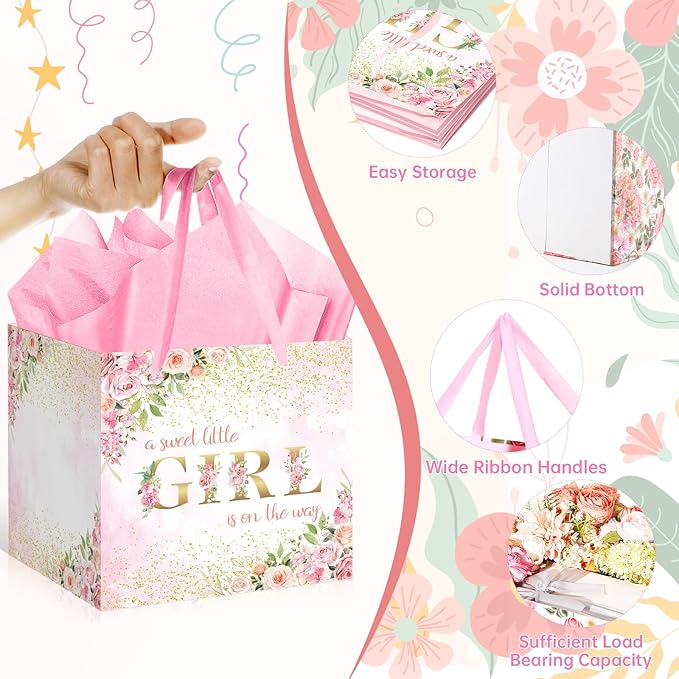 Extra Large Baby Girl Gift Bags - Pink Floral Baby Shower Square Gift Bag A Sweet Little Girl is on the Way Wrapping Paper Bag for Newborn Congratulations Gifts Gender Reveal Party Favors Decor