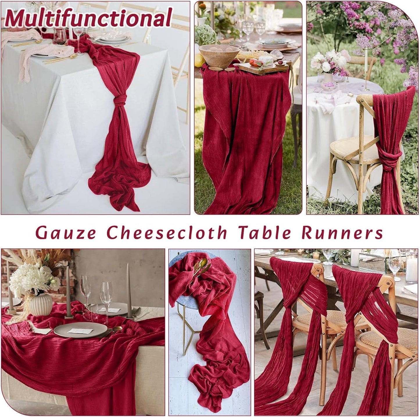 8Pack Burgundy Cheesecloth Table Runner 10FT Gauze Cheese Cloth Table Runner 35 x 120 Inch Long Boho Table Runners Rustic Sheer Table Runners for Wedding Bridal Baby Shower Decor
