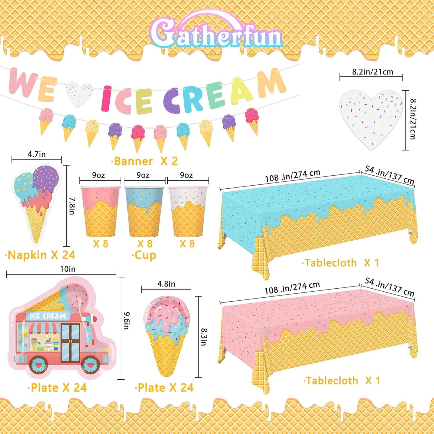Ice Cream Party Supplies Kit for 24: Ultimate Bundle with Vibrant Paper Plates, Napkins, Cups, Tablecloth & Banner - Ice Cream Birthday Party Decorations