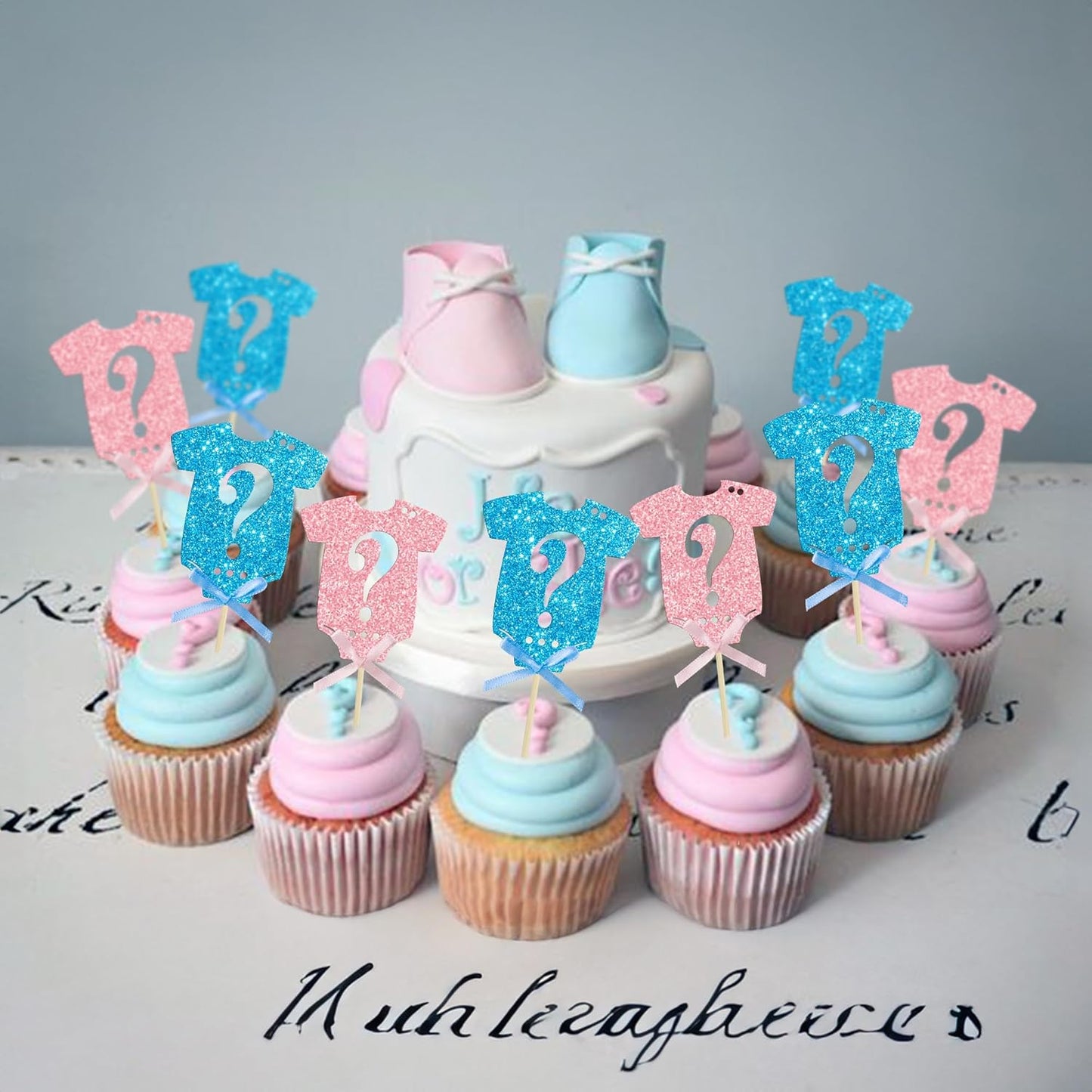 Ephlyn 24Pcs Gender Reveal Cupcake Toppers Glitter Pink Blue Bow Onesie Question Mark Boy or Girl Cake Topper Decorations for Baby Shower Theme Gender Reveal Kids Birthday Party Supplies Blue Pink
