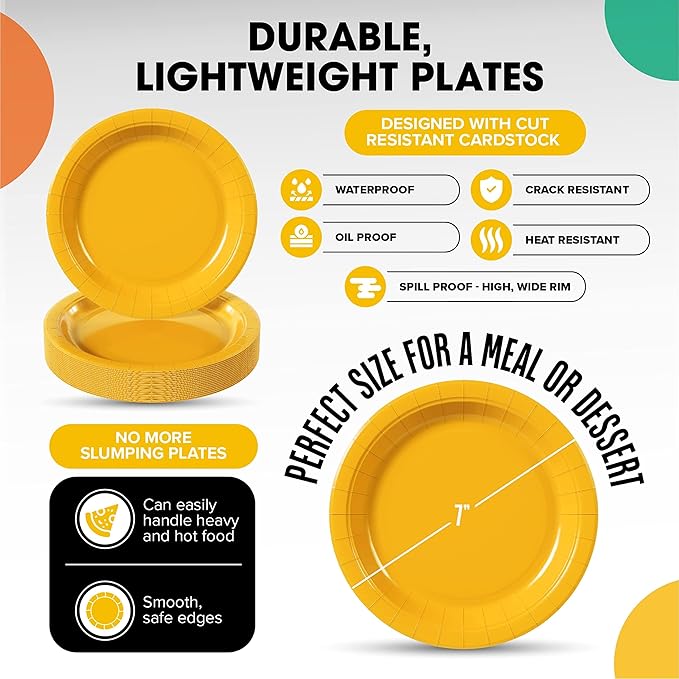 Exquisite Party Solids Yellow Paper Plates Disposable Heavy Duty 7 Inch Yellow Disposable Plates For Party 100 Pcs Heavy Duty 350 GSM, Birthday Supplies