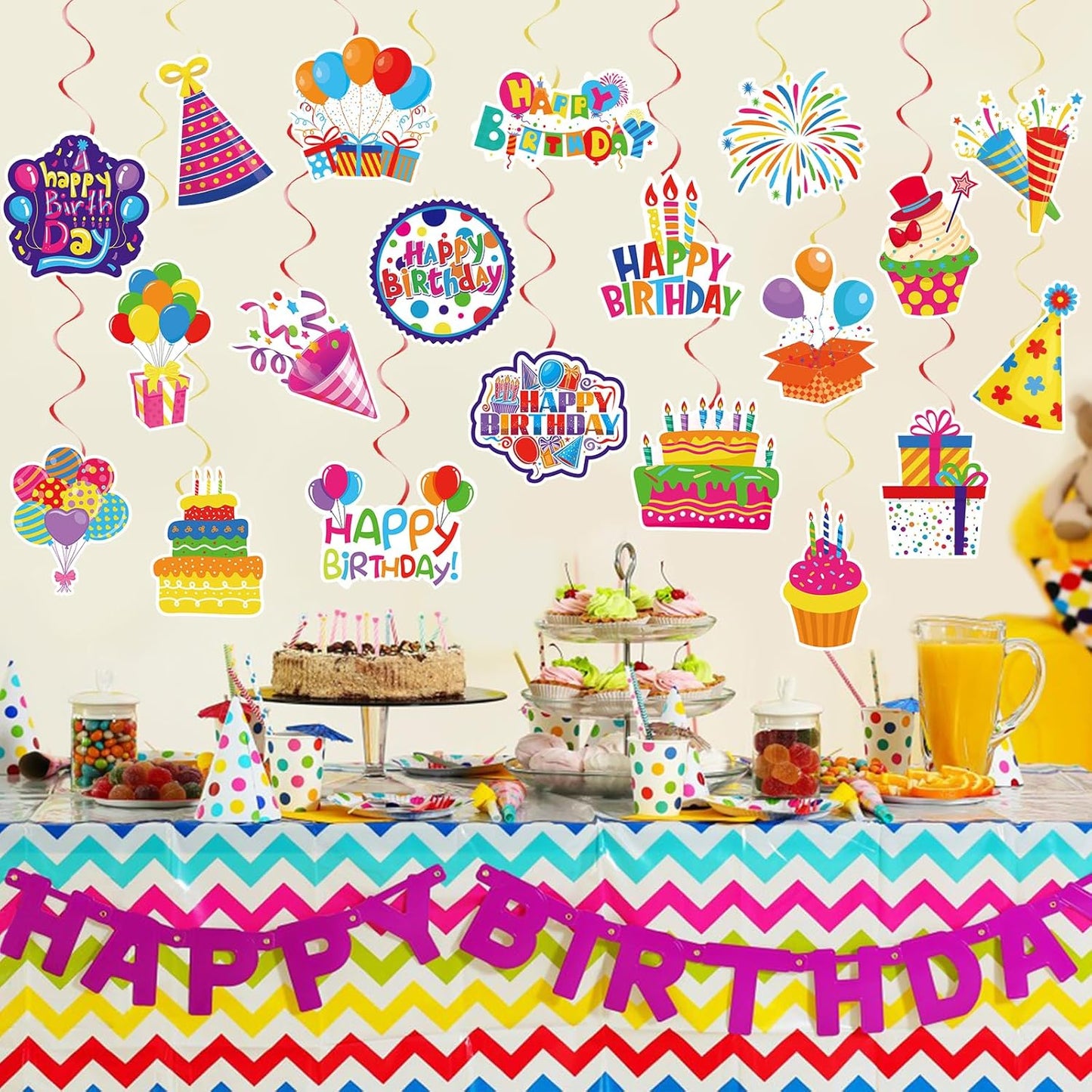 40Pcs Birthday Hanging Swirls, Colorful Cupcake Balloon Sign Swirl Decor Birthday Ceiling Decorations Happy Birthday Hanging Swirl Decorations for Baby Shower Birthday Party Supplies