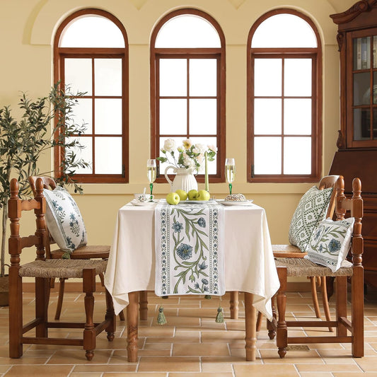 ISAENNE Designer Elegant Linen Table Runner 102 Inches Long,Vintage Blue Floral Pattern Decor Table Runners for Dining Tables,Kitchen Tables,Thanksgiving,Christmas,Banquet,12"*102"-Mosella E