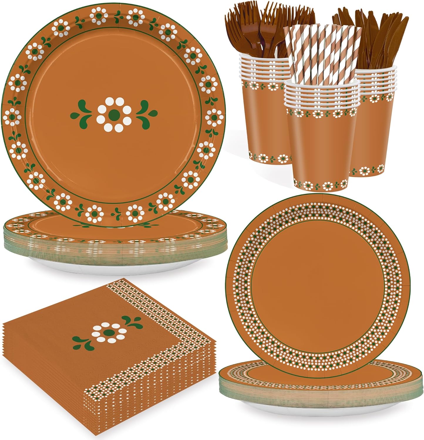 168PCS Mexican Party Supllies for Kids Platos De Barro Mexicanos Party Decorations Terracotta Themed Tableware Clay Pottery Fiesta Plates Cups Napkins Cups Forks Knives and Straws for 24 Guests