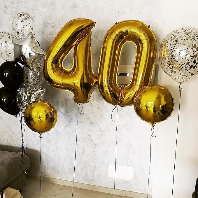 Gold Number 40 Balloon 40 inch, 40 Number Balloons, 40th Gold Birthday Decorations, 40 Year Old Women Men Golden Party Supplies