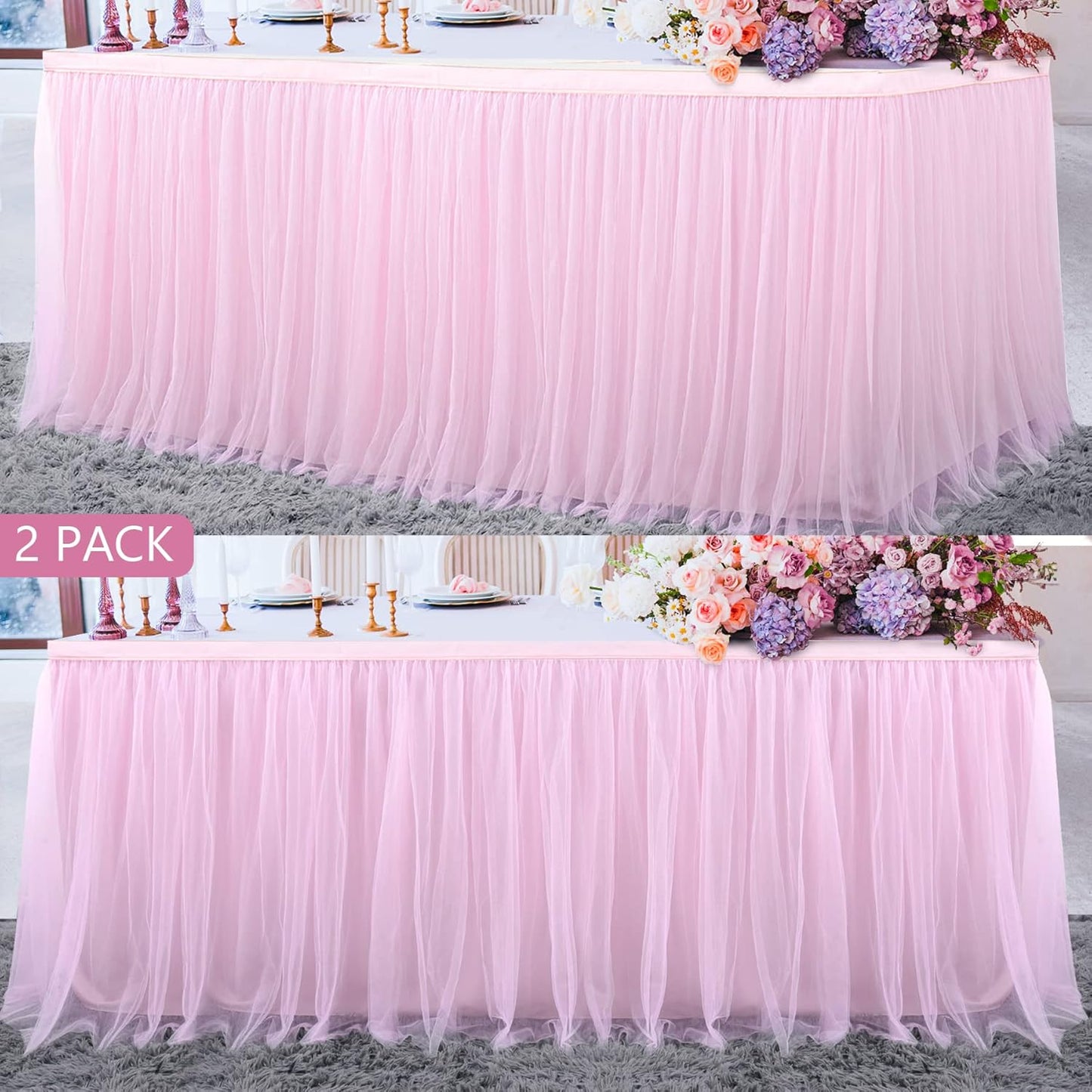 Suppromo 2 Pack 6ft Pink Tulle Table Skirts for Rectangle Tables or Round Tables Pink Tutu Tablecloth Cover for Princess Baby Shower Girls Birthday Party Wedding Cake Dessert Table Decorations