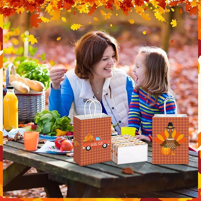 Glenmal 24 Pcs Thanksgiving Party Favors Bags Fall Gift Goodie Paper Bags with Handles Maple Leaf Pumpkin Pouch for Thanksgiving Party Decorations Supplies