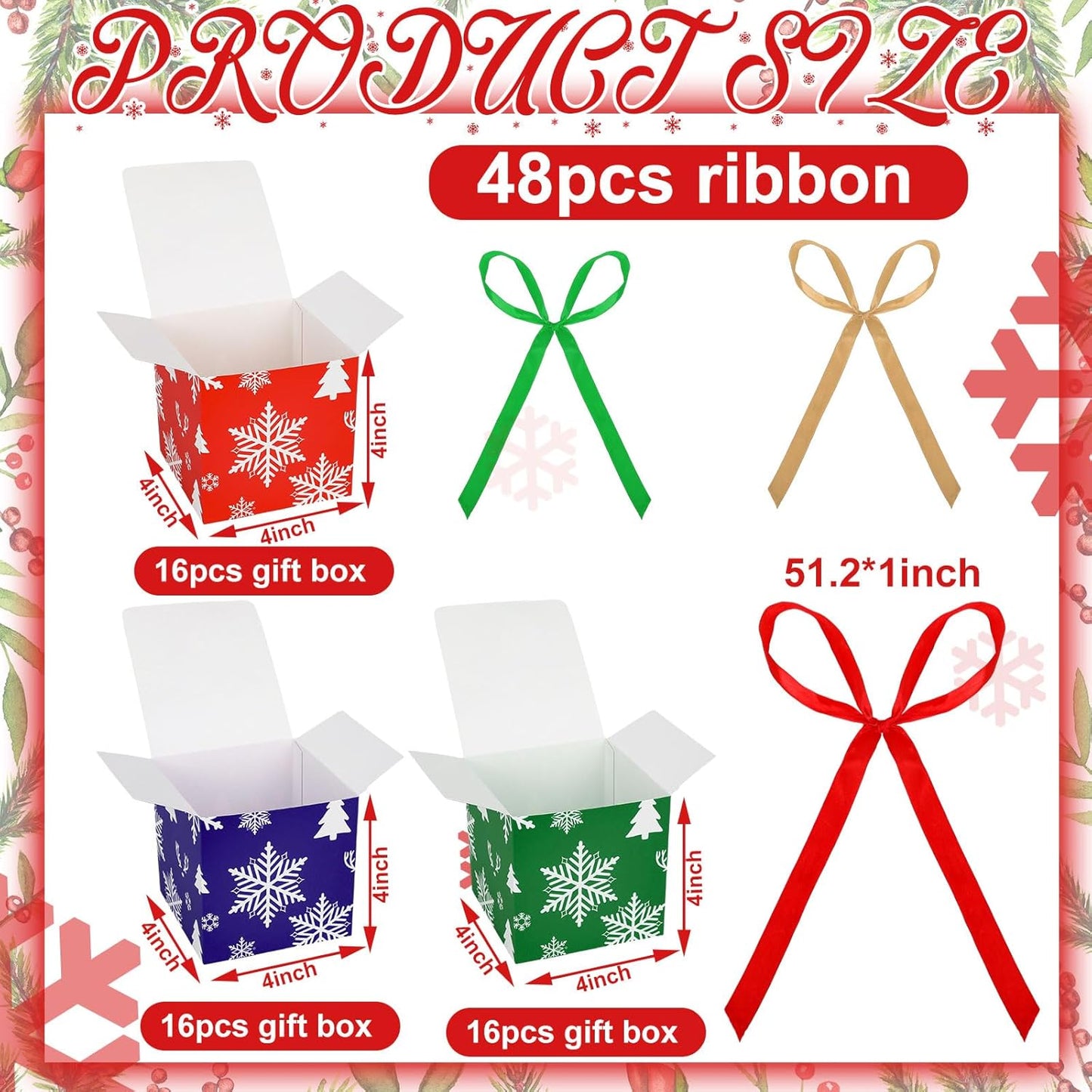 Fulmoon 48 Pcs Christmas Gift Boxes with Lids Small Squared Boxes with Ribbon Bow 4x4x4 Inch Snowflake Christmas Tree Deer Horn Small Gift for Holiday Party
