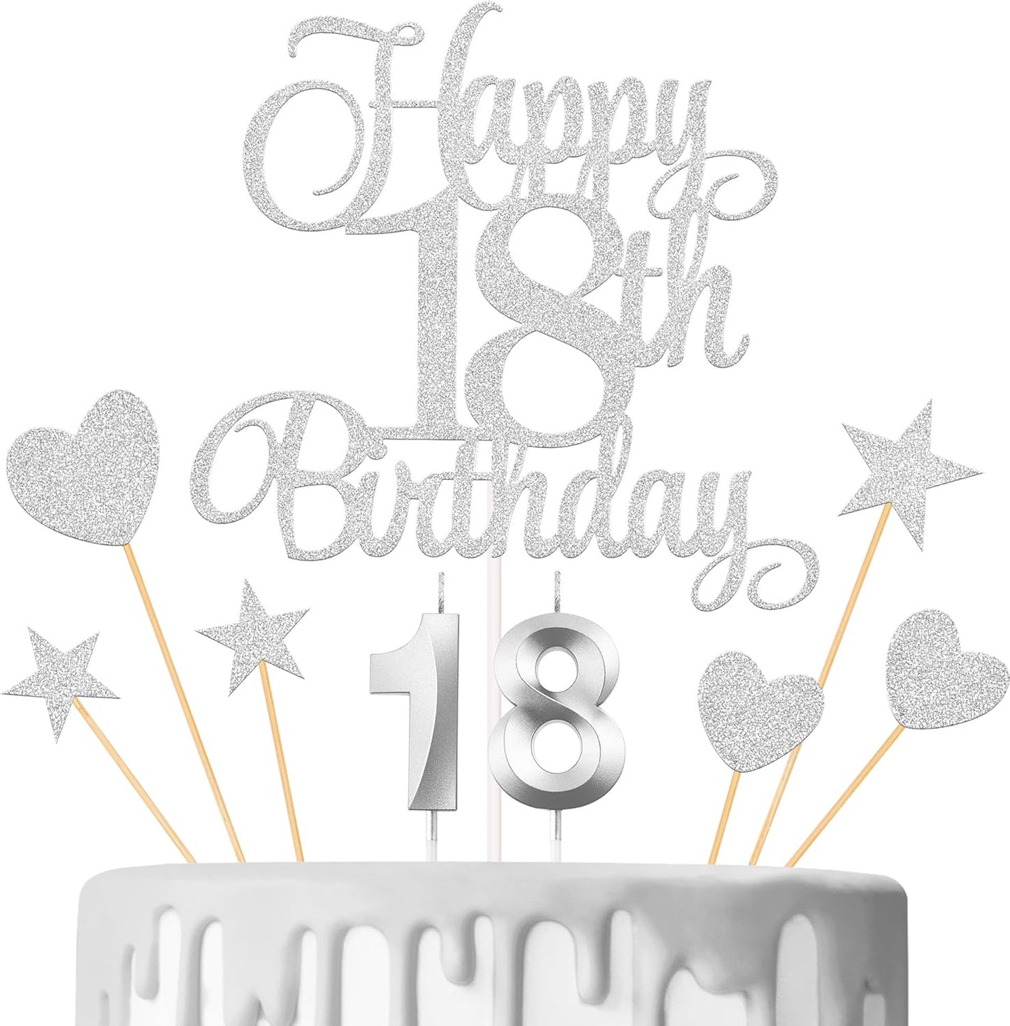 18th Birthday Cake Decorations, 18th Birthday Candles Cake Numeral Candles and Glitter Happy 18th Birthday Cake Toppers Set for Birthday Party Supplies (Silver)