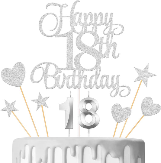 18th Birthday Cake Decorations, 18th Birthday Candles Cake Numeral Candles and Glitter Happy 18th Birthday Cake Toppers Set for Birthday Party Supplies (Silver)