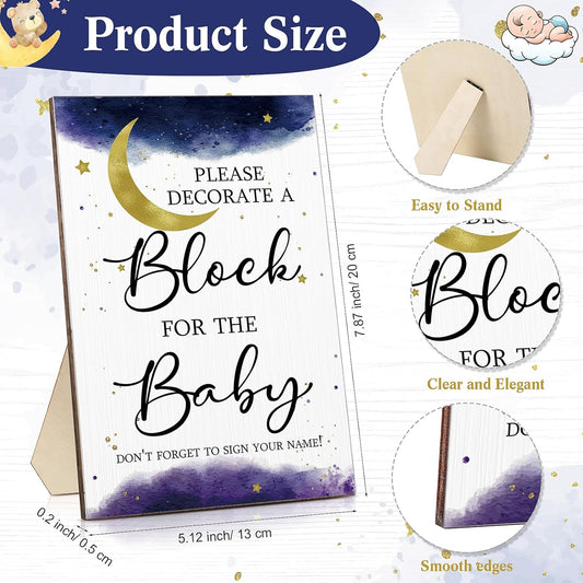 Tatuo 75 Pcs Baby Shower Games Sign Kit Including Decorate a Block Game Sign 50 DIY Wooden Block 24 Acrylic Paint Marker Baby Shower Prize for Gender Reveal Party(Sky)