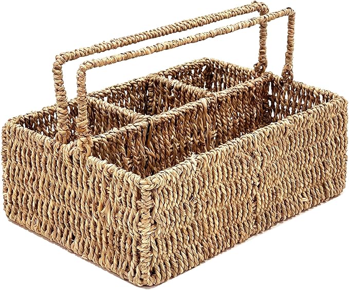 PEMAR Large L-Sized Hand Woven Utensil Caddy Carrier, Natural Jute Wicker Condiment Holder for Table, Kitchen Set Counter Top Silverware Organizer, Rustic Storage Forks, Spoons (Seagrass)